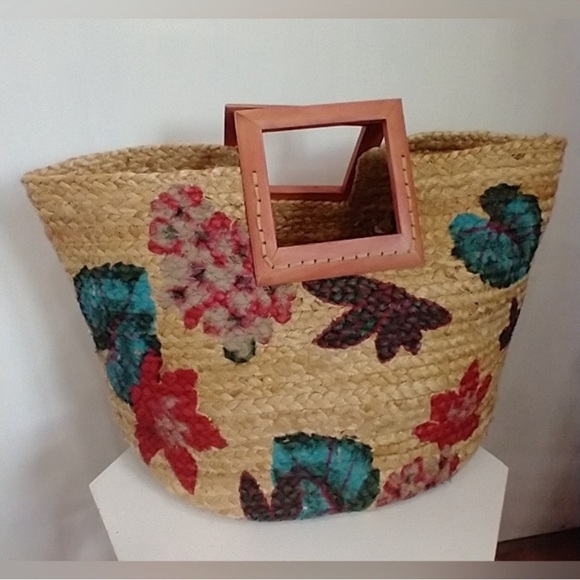 Antik Kraft Handbags - Antik Kraft Straw Tote with Turquoise, Red, Pink Floral Accents